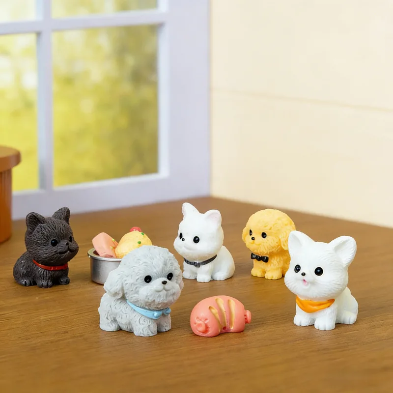 Cute Cartoon Puppy Resin Statue Solid Color Scarf Dog Mini Figure Car Interior Dashboard Decor Room Desktop Ornament Gift Toy
