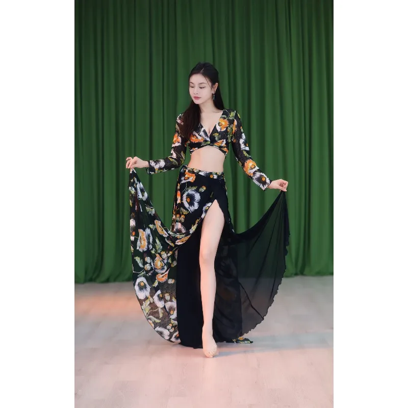 customized Pumpkin colored lace mesh double layered large swing skirt one-piece belly dance costume East