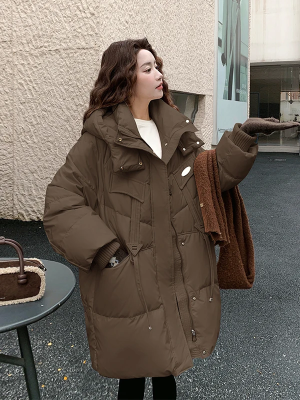 한국 슬레 티엔드 브레드 다운 자에트 여성용 중간 길이 따뜻한 겨울 외투 2025년 신상 디자인 스위트 슬레 루즈핏