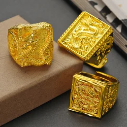 Real Gold color Dragon Head Ring for man Vietnam Sha Jin Luxury Adjustable Ring Jewelry Men's Wedding Birthday Jewelry Gift