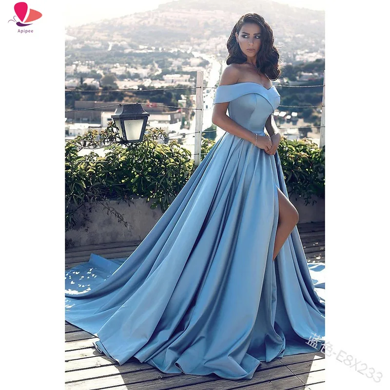 

Fashion Elegant Boat Neck Evening Dresses for Women Party Classy Night Lady Sexy Off The Shoulder Slit Ball Gown Prom Vestidos