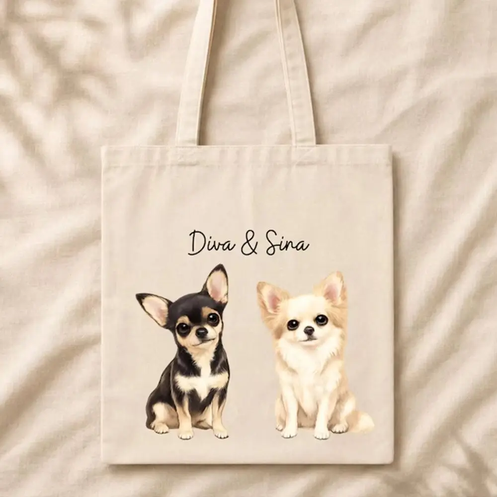 Canvas Tote Bag Personalized Custom Dog Portrait Pet Photo Print Cotton Shopping Bag Reusable Shoulder Bag Dog Lover Gift