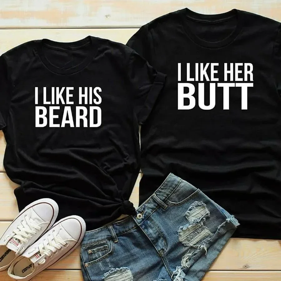 Couples T Shirt I LIKE HIS BEARD HER BUTT Print Couple Tshirt Summer King Queen T-shirt Casual O-Neck Tops Lovers Tee