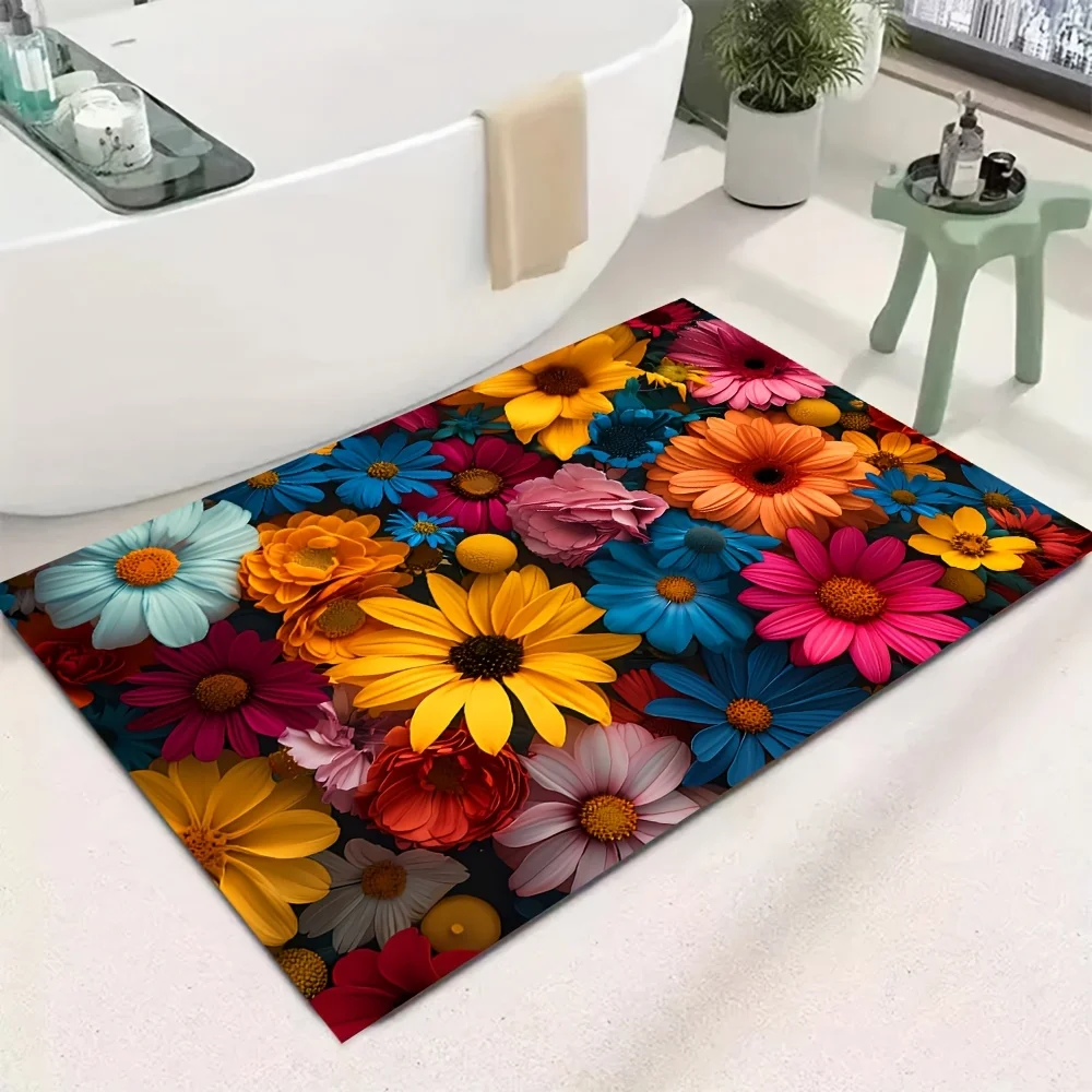 2D Flat Vibrant Multicolor Daisy Flannel Area Rug Non Slip Bright Floral Carpet for Living Room Bedroom Kids Room Floor Decor