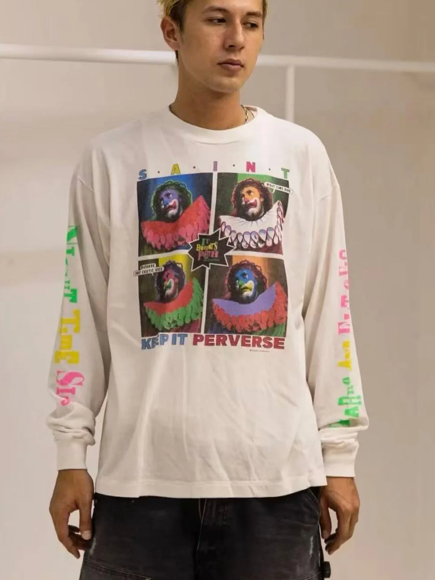 Washed Vintage American High Street Long Sleeve T-Shirt Men's Loose Fit Clown Print Casual Cotton Top Breathable Autumn Wear