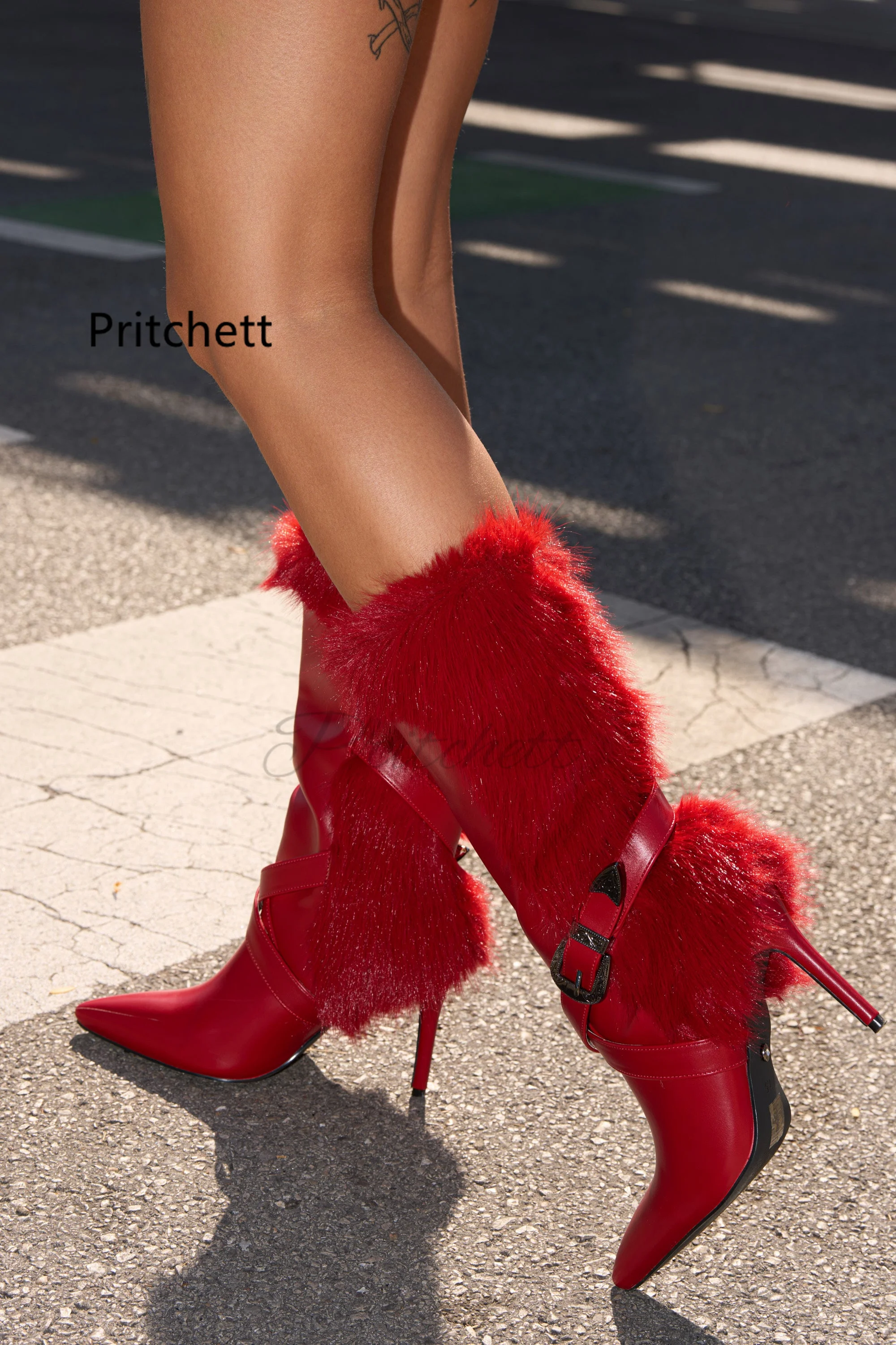 

Red Mid-Calf Fur Boots for Women Belt Buckle Thin High Heels Winter Fashion Party Runway Plush Warm Boots Side Zip Dress Shoes