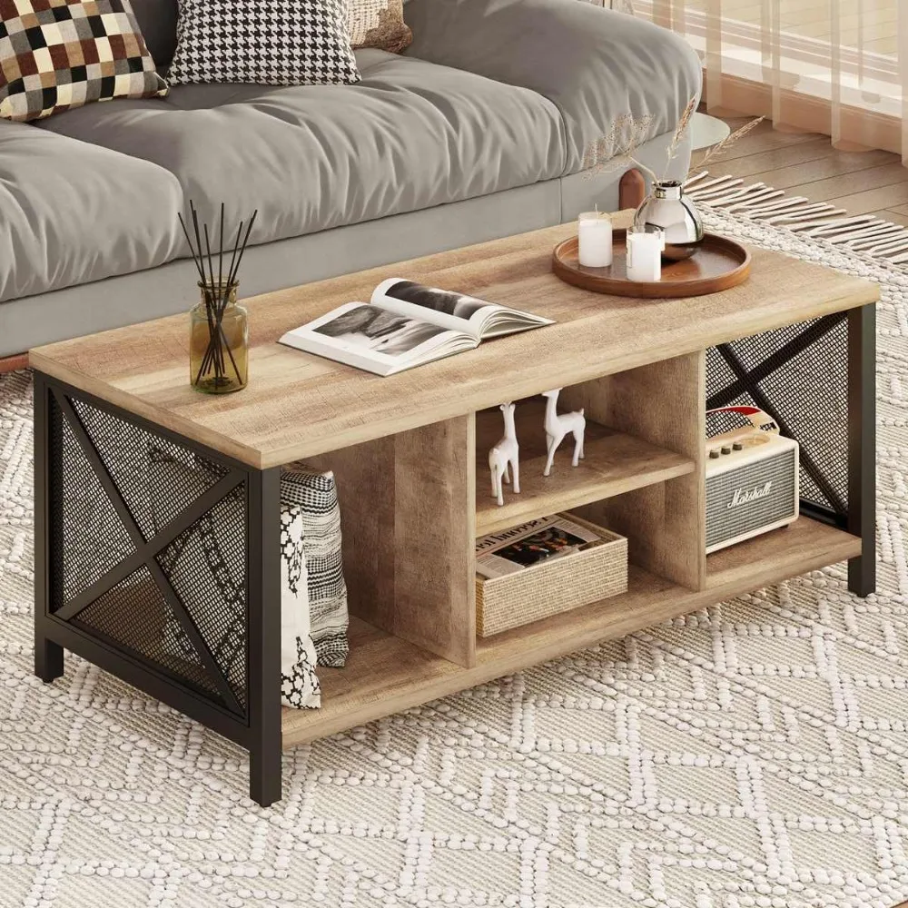 Living room coffee table, rustic wooden center table with shelves, farmhouse rectangular cocktail tea table (rustic oak)