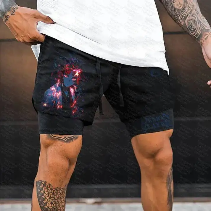 Bandai Demon Slayer Men Dual Function Running Shorts Impressão de alta qualidade Secagem rápida Respirável Armazenamento de camada dupla