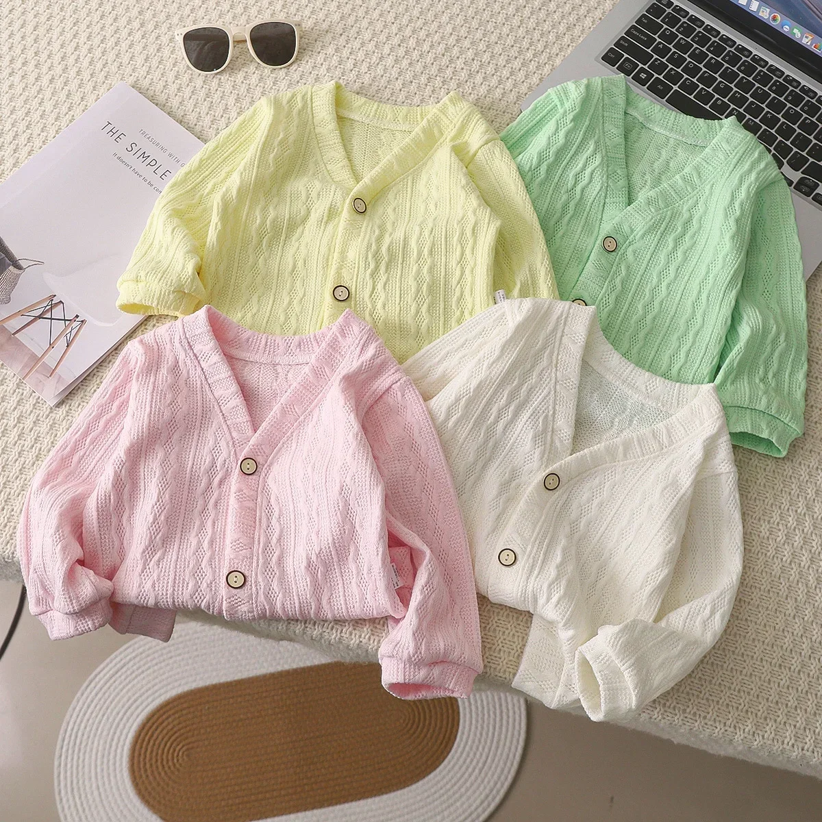 

New 2024 Spring Autumn Baby Girls Knitted Cardigan Kids Long Sleeve V-neck Solid Knitwear Sweater Coat Casual Clothing