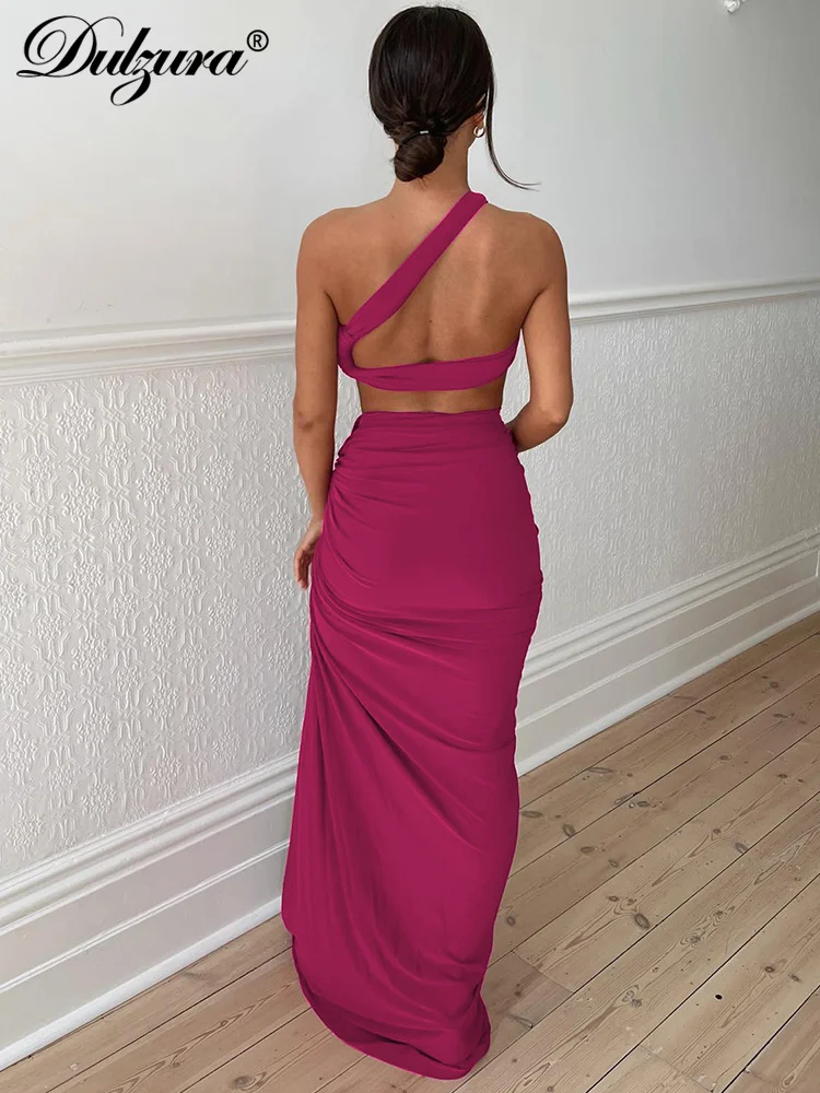 Dulzura Solid Matching Suit Pure Skew Collar Ruched Backless Maxi Skirt High Side Slit Hole 2023 Summer For Women Sexy Elegant