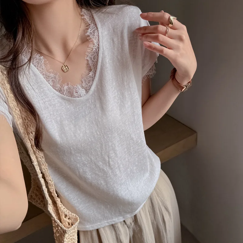 White Frayed Lace V Neck Cap Sleeve T-Shirt Women Soft Textured Loose Casual Basic Top