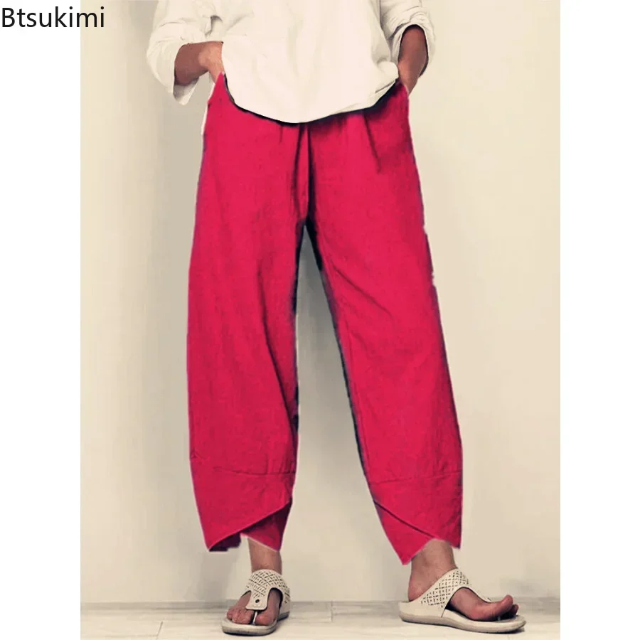 2024 Women\'s Summer Casual Cotton Linen Pants Vintage Loose Harem Pants Floral Printed Elastic Waist Wide Leg Pants Female S-5XL