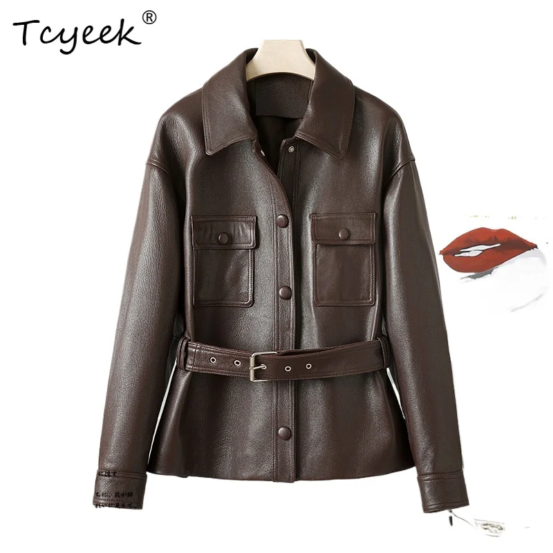 Tcyeek طبقة علوية من جلد الغنم لربيع وخريف جديد برقبة مربعة قاطرة سترة نسائية من الجلد الطبيعي Жensarska Kostangnya Kursatka