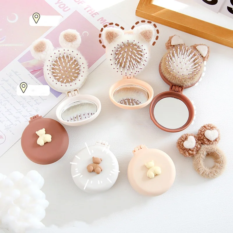 Cute Kid Hair Brushes Mini Lovely Cartoon Bear Hair Combs with Mirror for Children Girl Small Portable Massage Comb Hair Rope