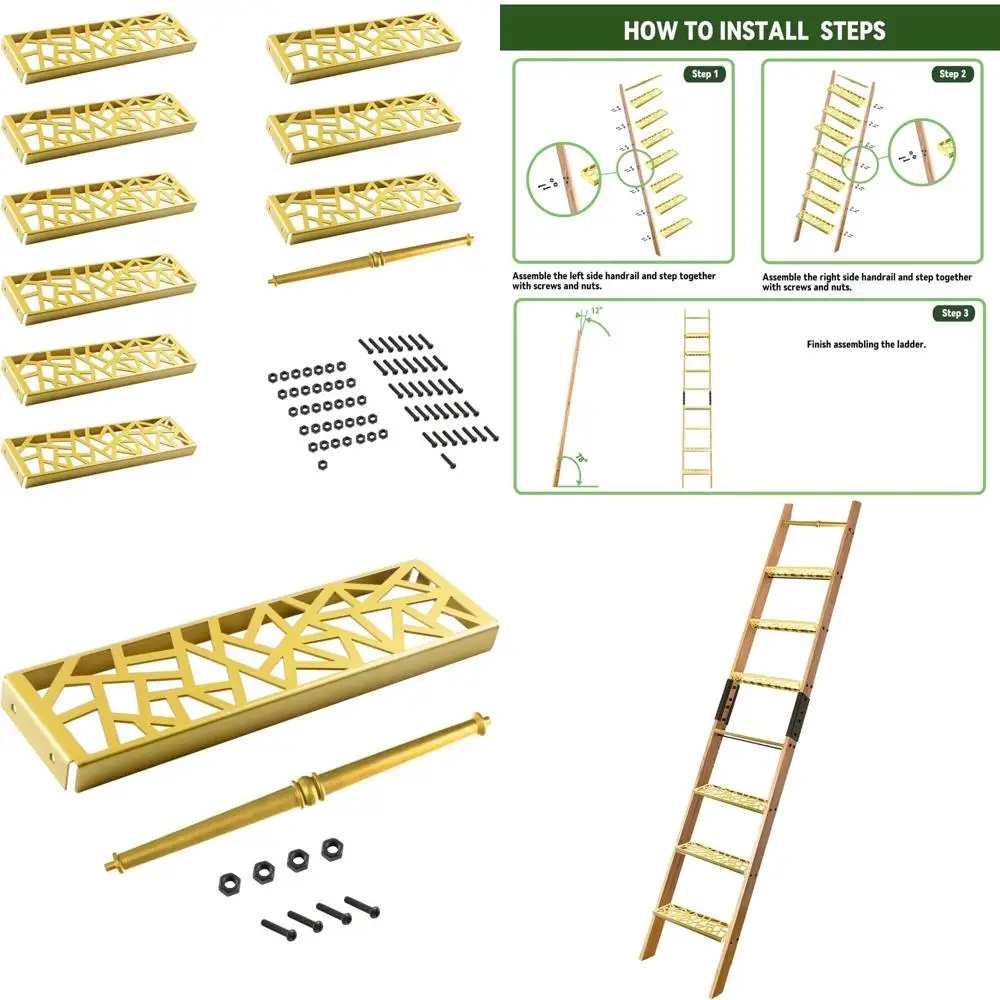 سلم مكتبة فولاذي عتيق مكون من 9 طبقات مع لمسة نهائية سوداء ومجموعة أدوات ذهبية #1