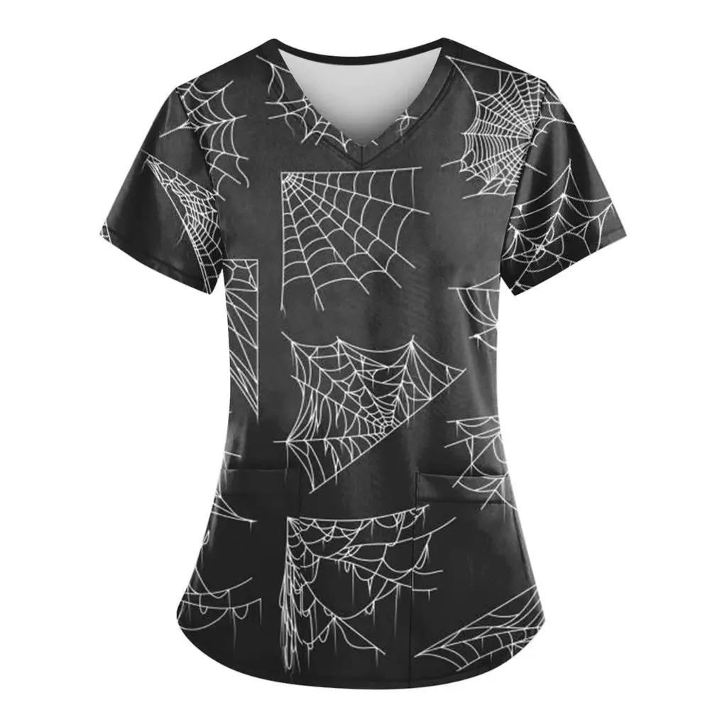 Frauen arbeits uniform Halloween Ghost Print Cartoon V-Ausschnitt Tops Frauen hemden Krankens ch wester Arbeits kleidung medizinische Uniformen