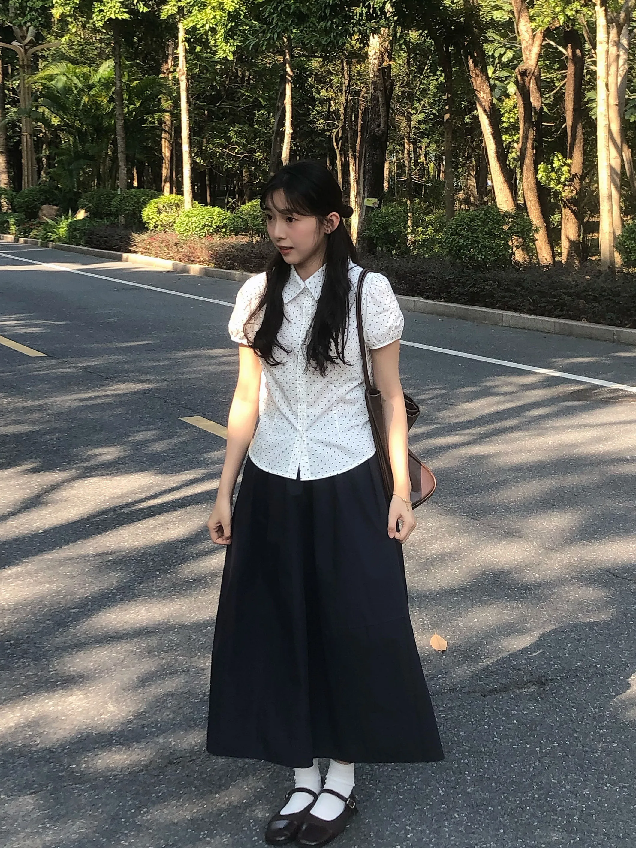 

Slim Fit Polka Dot Collar Short Sleeve Shirt Women's Summer Fashion Casual Style Regular Length Cotton Blend Blouse