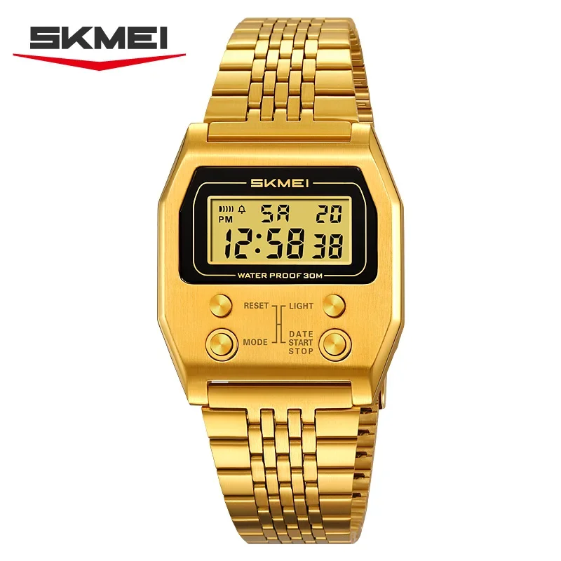 SKMEI 2460 ساعة رقمية مقاومة للماء للرجال الفولاذ المقاوم للصدأ الرياضة الفاخرة ريترو LED الإلكترونية ساعات المعصم الرجالية Reloj Hombre