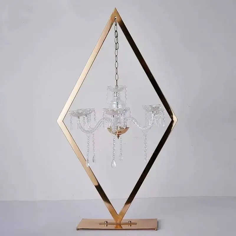 Wholesale decorative large gold tall diamond frame hanging table metal crystal pendant flower stand for wedding centerpieces