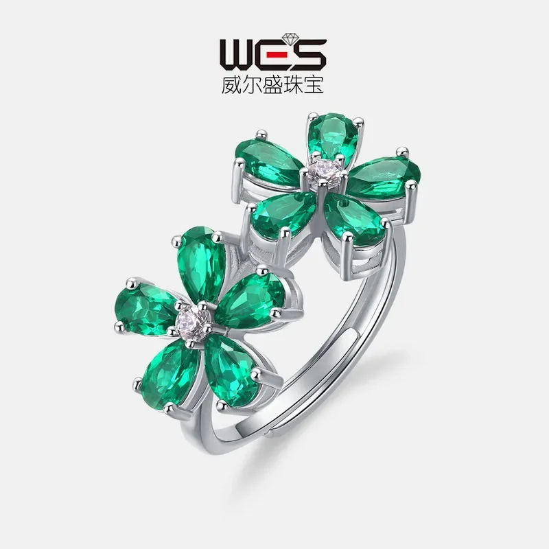 Petal Cultured Emerald Fashion Ring 18K Gold Fully Inlaid with Colored Baby Stones PT950 Platinum