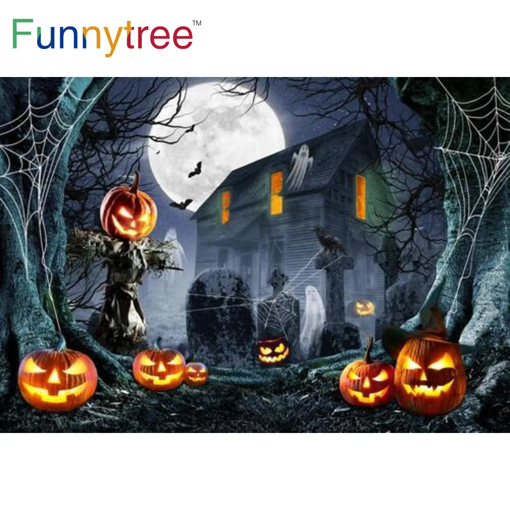 

Funnytree Halloween Forest Backdrop Moon Haunted House Spooky Scarecrow Pumpkin Photo Background Birthday Baby Shower Banner