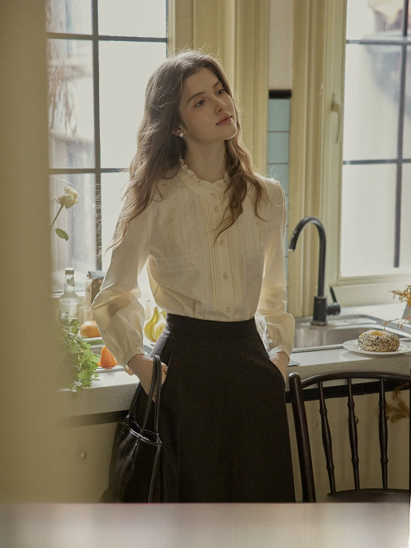 

C.PAIA Retro Lace Embroidery Glowing Girl Floing Proc Antique Vintage Sle Women's irt Cotton Modal Fabric Long Sve