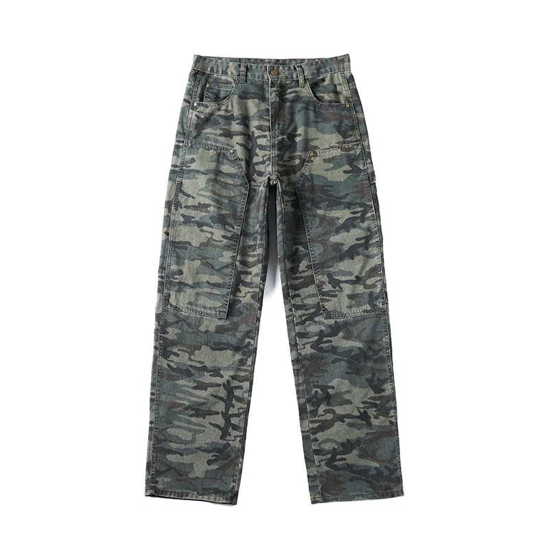 

High Quality Camouflage Print Outdoor Casual Loose Straight Pants Men's Spring Fall Fashion Multi Pockets Vintage Cargo Trousers