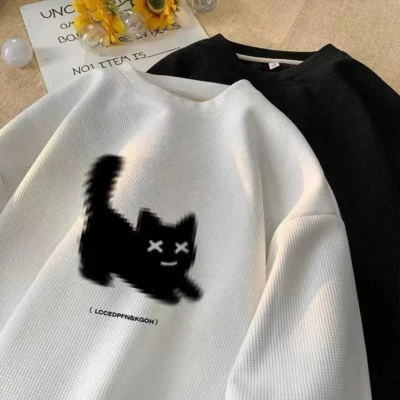 Streetwear Harajuku Waffle Cotton Kawaii Hoodies for Men O-Neck Oversized Sweatshirt Y2K Black Cat HIP HOP Punk Winter Clothes