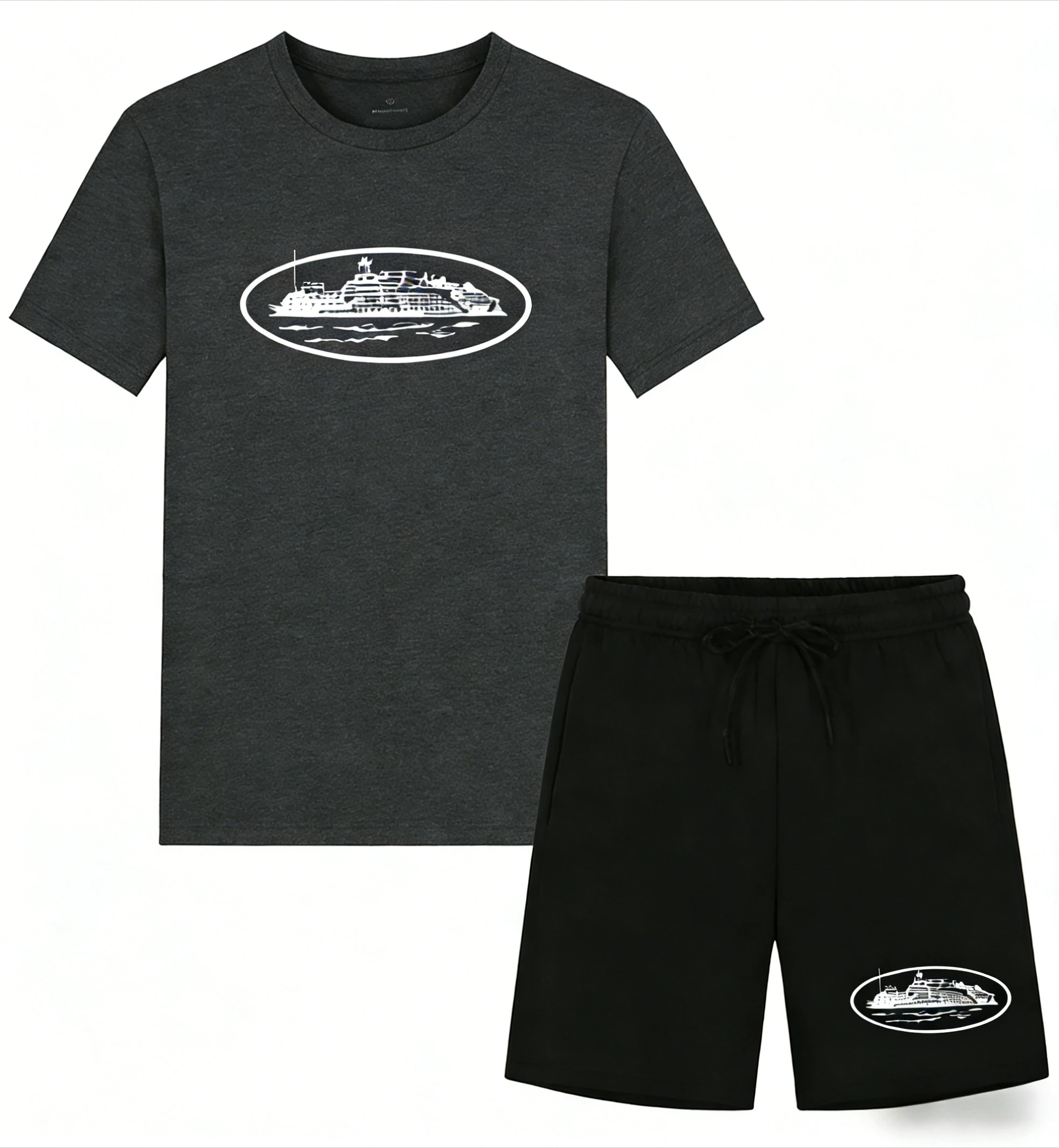2026 Summer New Small Boat Printed two-piece T-shirt and shorts Loose Round Neck Breathable Half Sleeve Casual Fashion Brand
