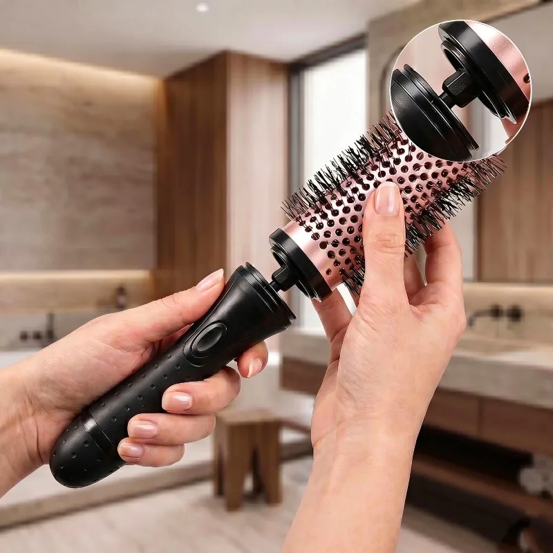 Haarrollerbürste mit Positionierklammern zum Föhnen und Stylen und passendem Rundhaarbürstenset mit abnehmbarem Griff – Detail 3