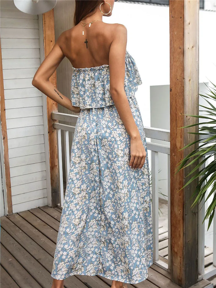 Women's Fashion Casual Bandeau Holiday Style Printed Long Dress For 2022 New Spring Summer Strapless Ruffled Floral Dresses