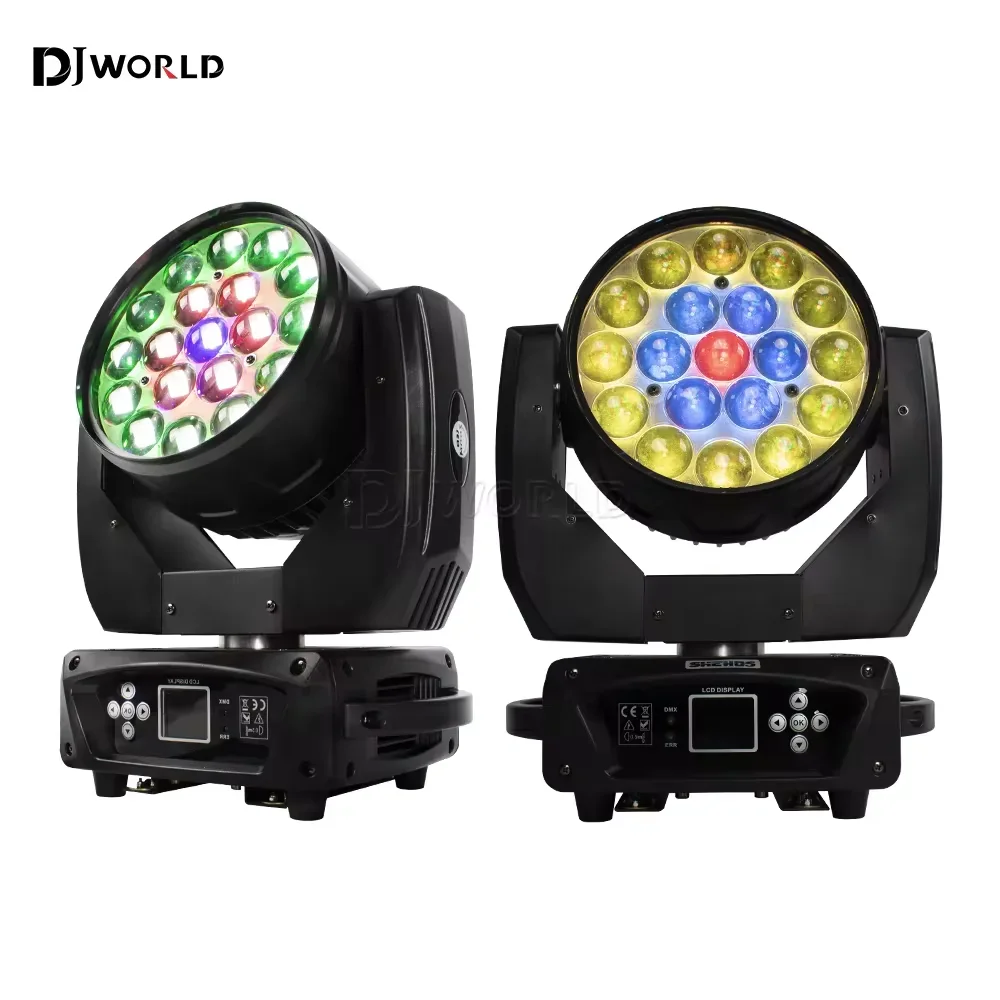 2 SZTUKI / ZESTAW 19x15W LED Wash Zoom Moving Head Light RGBW Beam Lighting DMX Professional Stage Disco Party Bar KTV Bar Stage Effect