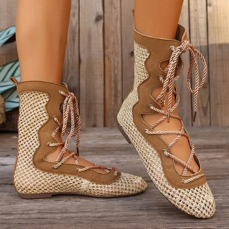 

Mesh Mid Calf Boots, Breathable Cross Lace Up Ankle Boots, Casual Flat Sole Shoes