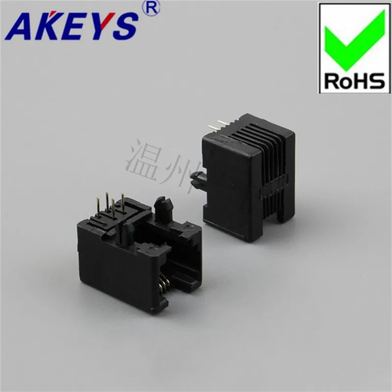 10PCS RJ11 socket telephone socket 95001-6P4C-90 degree-black telephone socket black belt edge plastic