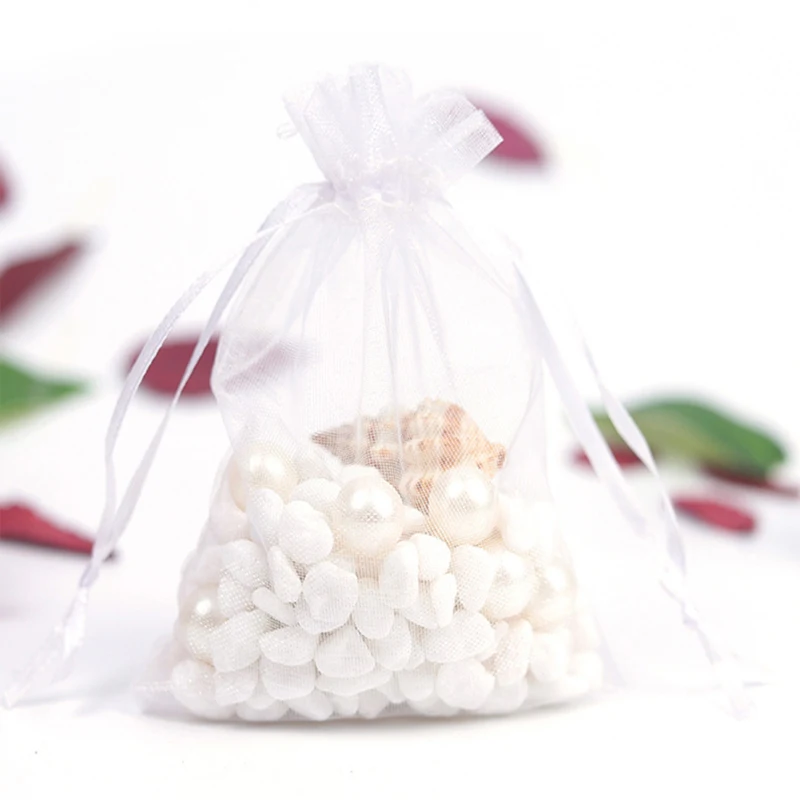50 pçs cordão amarrado abertura jóias armazenamento saco de organza transparente cosméticos saco de presente de doces de casamento 7x9cm 9x12cm
