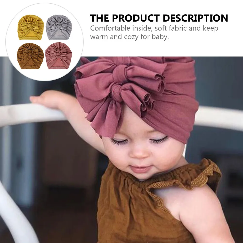 

4Pcs Cotton Baby Caps Bow Pleated Hats Pullover Comfortable Kids Headwear Fashion Adorable Kids Hat Cotton Hat