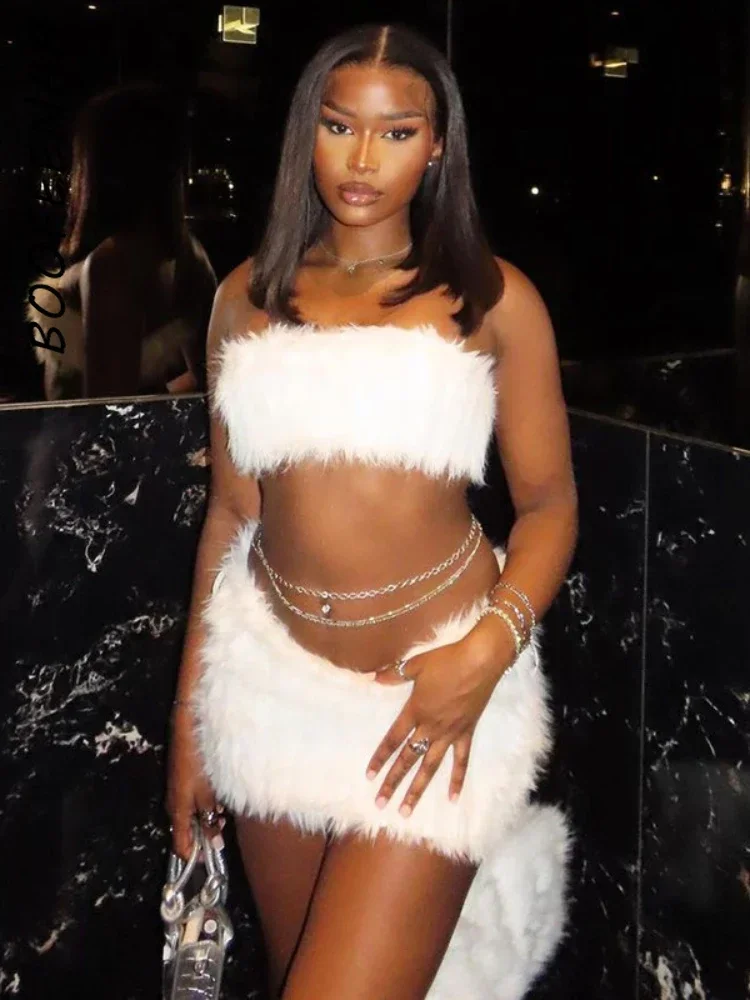 Y2K Coquette Cute Fluffy Knit Sweater Dress White Outfits The Plush Two-piece Suits Women Tube Top and Mini Skirt Matching Sets view 5