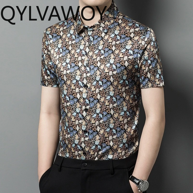 QYLVAWOY Men's Shirts 92.4% Mulberry Silk Floral Shirts 2025 New Summer Tops Short Sleeve High-end Menswear Clothing Business