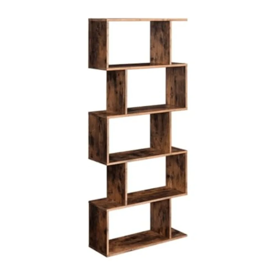 5-Tier Bookcase with Rustic Brown Finish for Living Room Bedroom or Office Freestanding Decorative Storage Shelving Unit with A