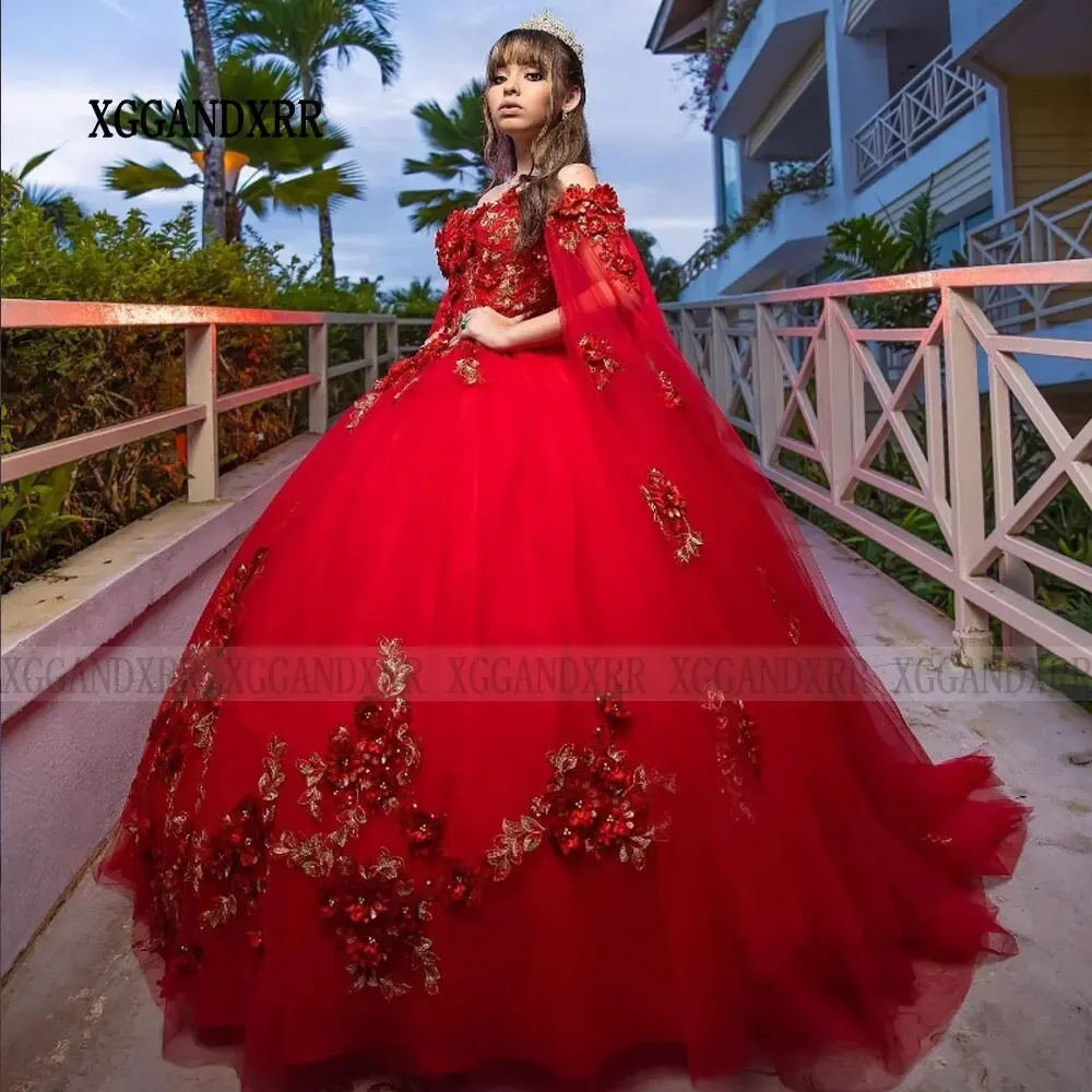 Rote Prinzessin Quinceanera Kleider 2024, 3D-Blumenblumen, Ballkleid, süßes 16-Kleid, Cape, Vestidos de 15 Jahre, Quinceañera, individuell gestaltet