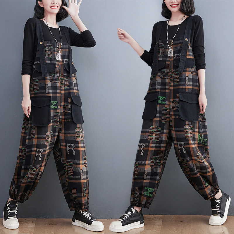 

Women's Denim Overalls Large Size Loose Vintage Patchwork Plaid Anti-aging Versatile Harlan One-piece Fall 2024 Faion