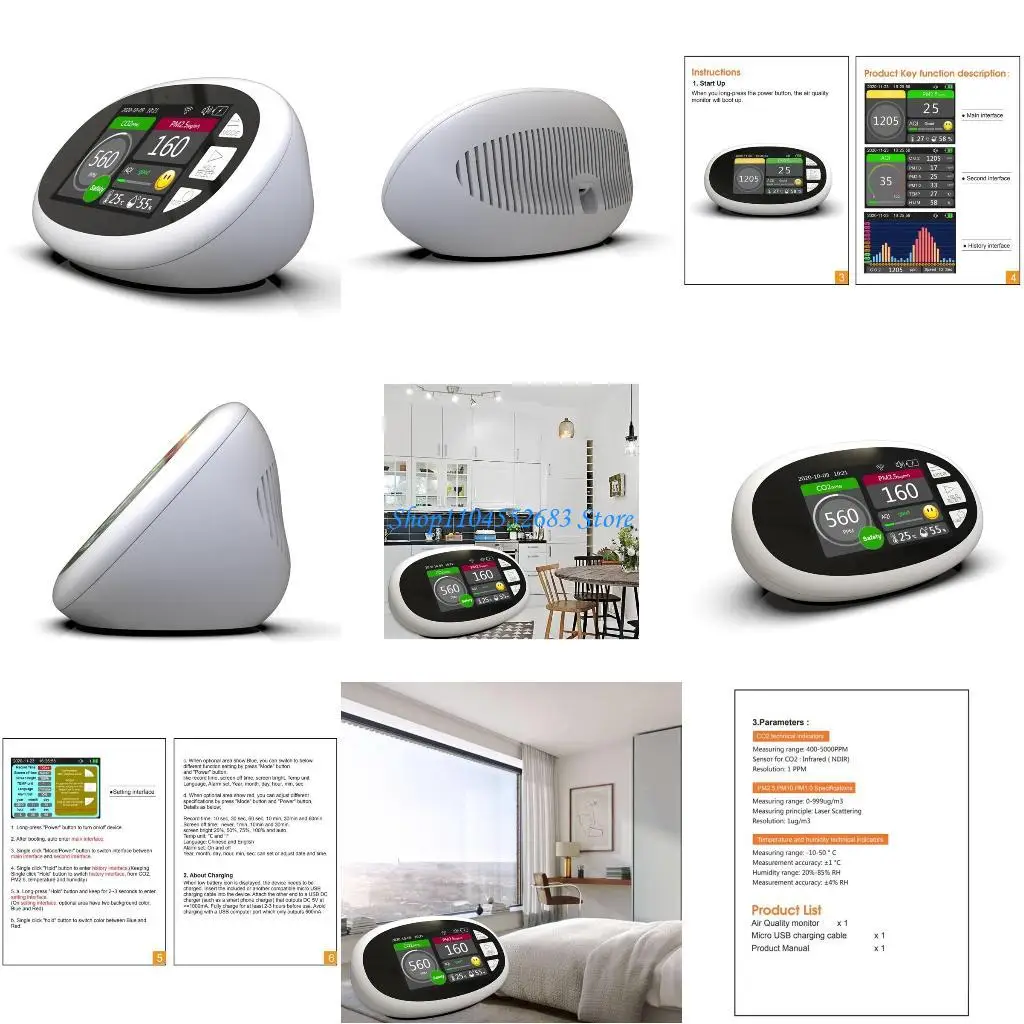 Y6GD Stylish CO2 Meters Multifunctional 400-5000ppm CO2 GaTs Indoo Air Quality Pollution Detector Portable