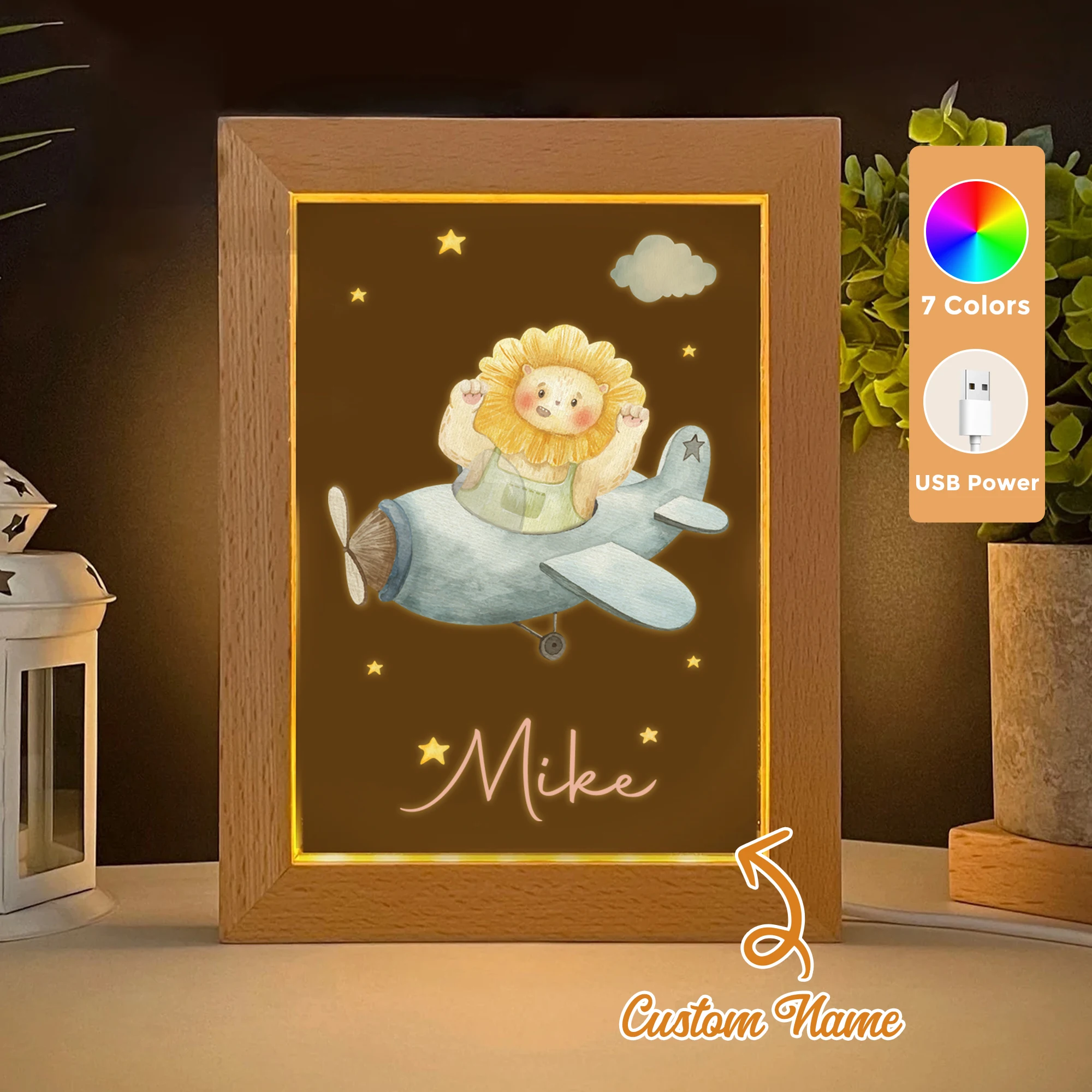 

2D Flat Custom Name Cartoon Spaceship LED Acrylic Night Light Wood Photo Frame 21x17cm Children Bedroom Gifts Home Decor