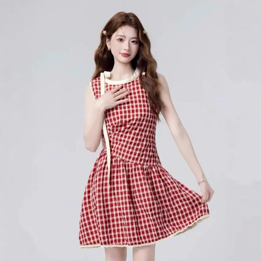 

Красное клетчатое платье для женщин, новый летний дизайн с бретелями, без рукавов, с завышенной талией, короткая юбка А-силуэта