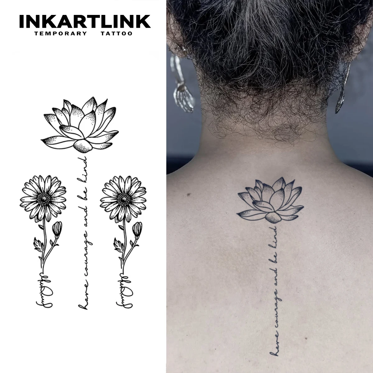 

Нашивка для татуировки INKARTLINK Lotus Daisy на 1-2 недели, прочная вдохновляющая фраза «Have Courage», водонепроницаемая, временная татуировка