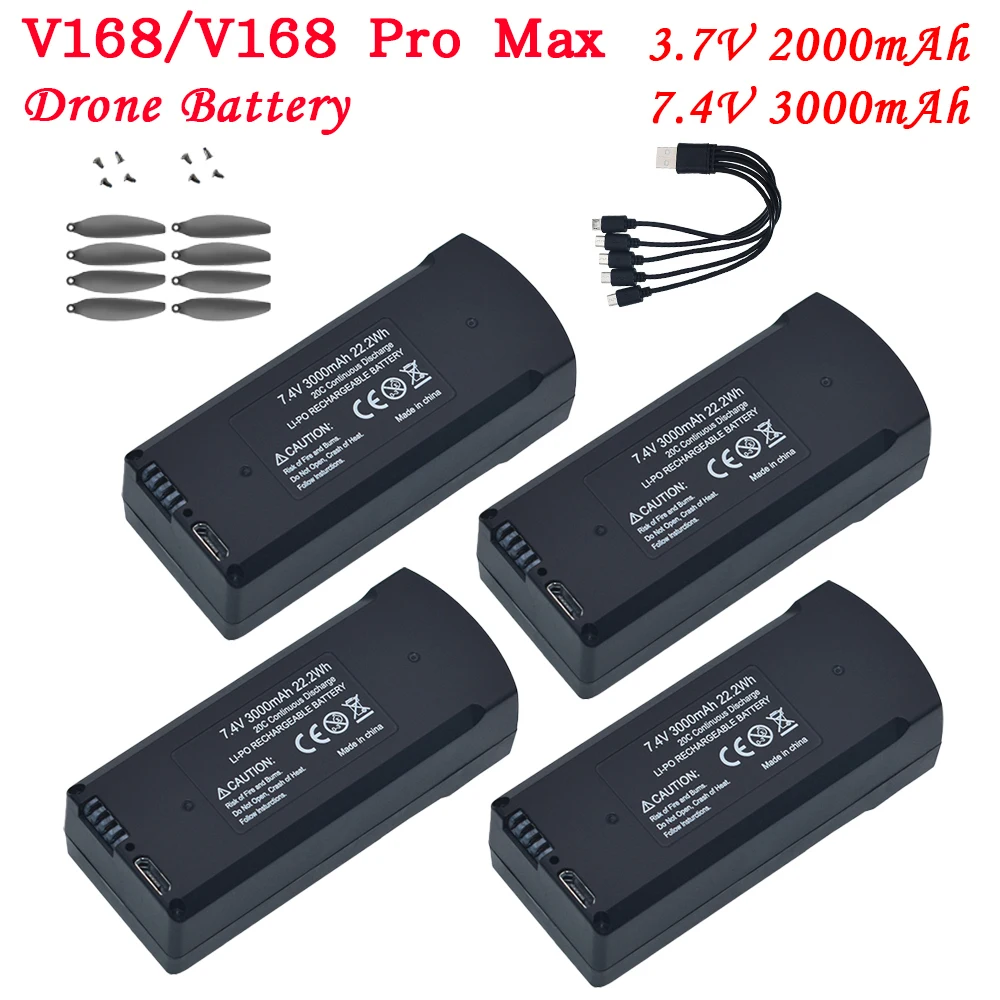 4pcs original V168 PRO MAX 7.4V 3000mAh drone battery can replace V198 3.7V 2000mAh battery with 1/5 charging cable accessories