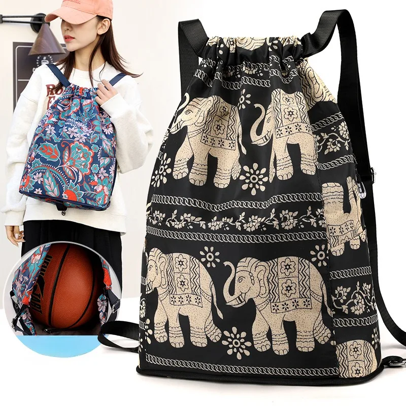 

2024 New Women's Printing Gym Bags Swimming Duffle Bag Folding Casual Travel Sports Backpack Student Basketball Bag