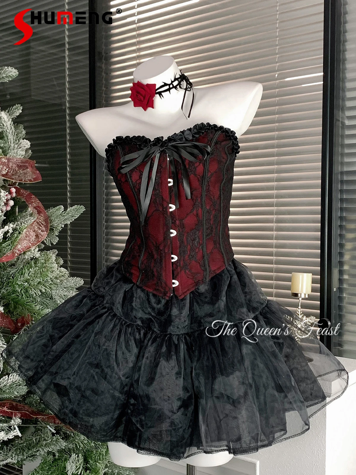 

American Retro Dark Punk Style Hot Sexy Girl Set Lace-up Bow Fishbone Tube Top High Waist Black Puffy Skirt Two-piece Sets Women