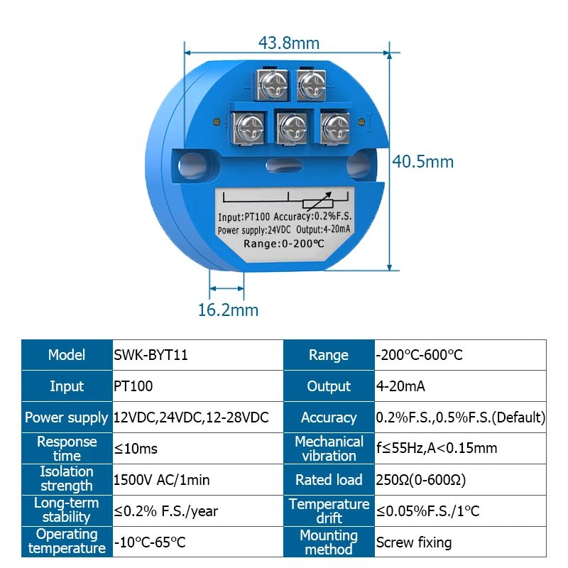 PT100 Temperature Transmitter -200-650℃ Temperature Detection 4-20mA Output 12V/24VDCPT100 Sensor Transducer