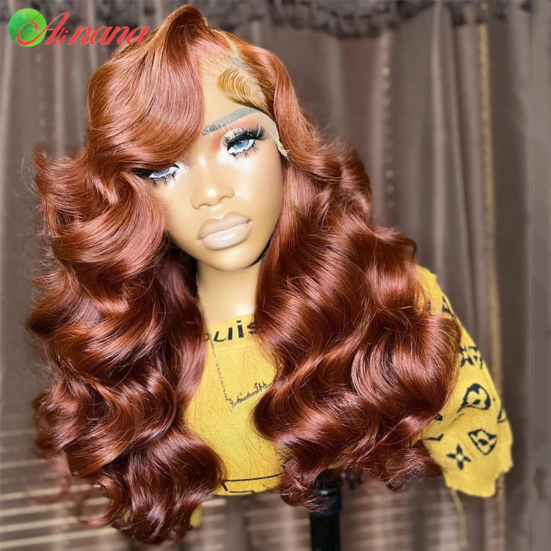 Perruque Body Wave Brésilienne Naturelle, Cheveux Humains, Brun Rousse, 13x6, Dentelle Transparente, pour Femme Africaine